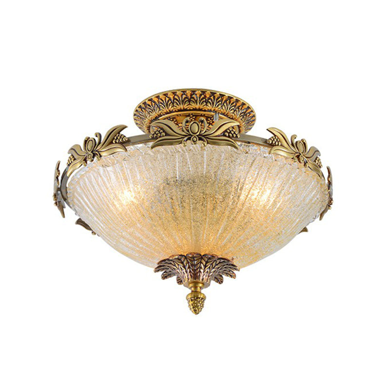 Antiqued Bowl Shaped Flush Light Clear Variegated Glass Semi Mount Lighting in Brass Clear 12.5" Clearhalo 'Ceiling Lights' 'Close To Ceiling Lights' 'Close to ceiling' 'Semi-flushmount' Lighting' 2365140