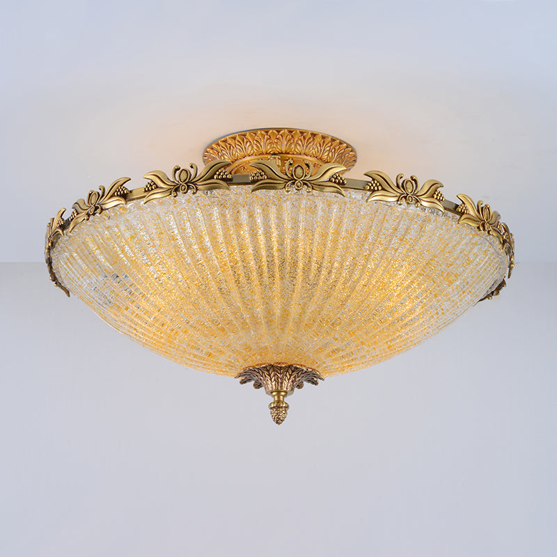Antiqued Bowl Shaped Flush Light Clear Variegated Glass Semi Mount Lighting in Brass Clearhalo 'Ceiling Lights' 'Close To Ceiling Lights' 'Close to ceiling' 'Semi-flushmount' Lighting' 2365141