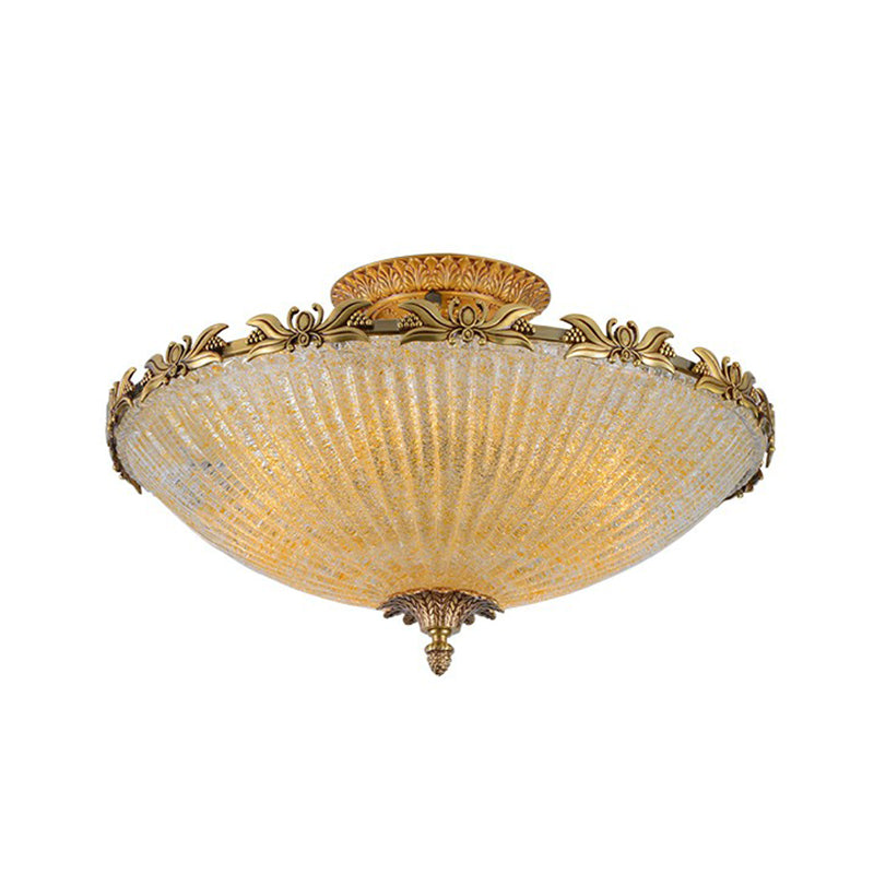 Antiqued Bowl Shaped Flush Light Clear Variegated Glass Semi Mount Lighting in Brass Clear 16.5" Clearhalo 'Ceiling Lights' 'Close To Ceiling Lights' 'Close to ceiling' 'Semi-flushmount' Lighting' 2365142