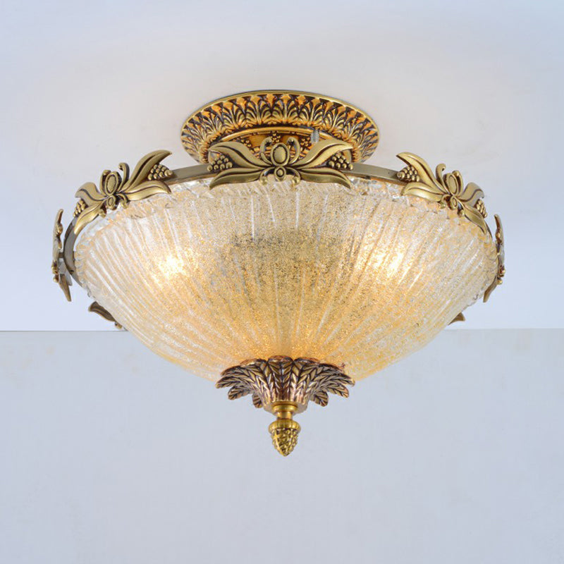 Antiqued Bowl Shaped Flush Light Clear Variegated Glass Semi Mount Lighting in Brass Clearhalo 'Ceiling Lights' 'Close To Ceiling Lights' 'Close to ceiling' 'Semi-flushmount' Lighting' 2365143