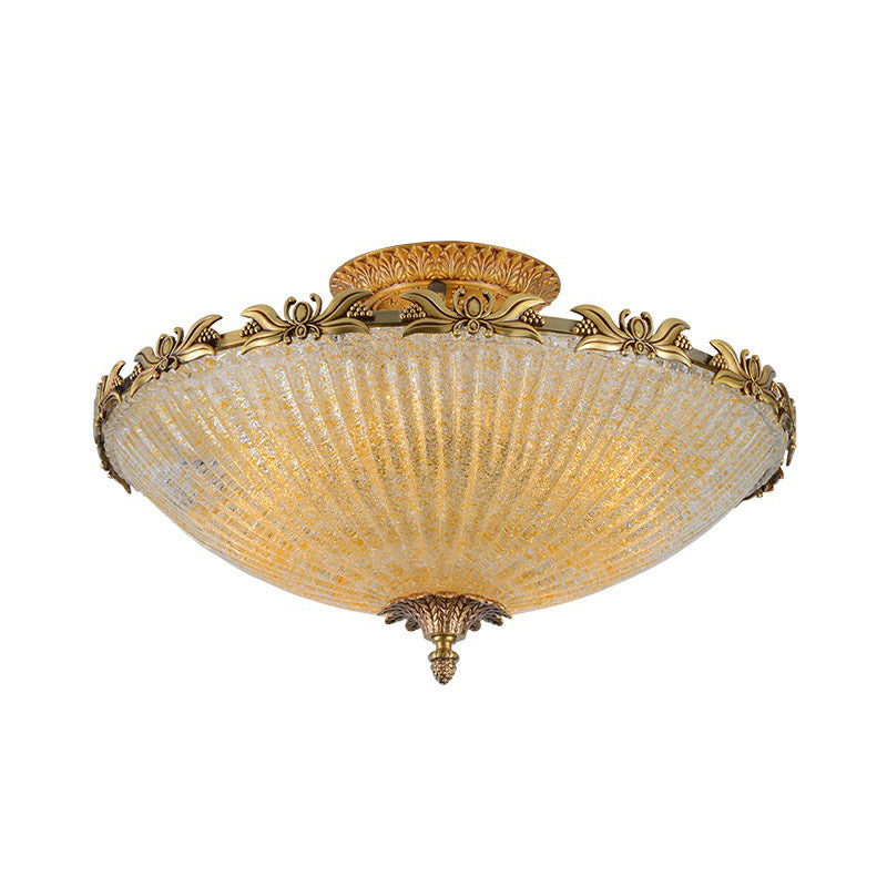 Antiqued Bowl Shaped Flush Light Clear Variegated Glass Semi Mount Lighting in Brass Clearhalo 'Ceiling Lights' 'Close To Ceiling Lights' 'Close to ceiling' 'Semi-flushmount' Lighting' 2365145
