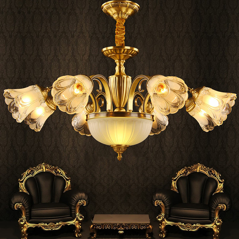 Frosted Glass Flower Chandelier Colonial Style Living Room Suspension Light in Gold Clearhalo 'Ceiling Lights' 'Chandeliers' Lighting' options 2365152