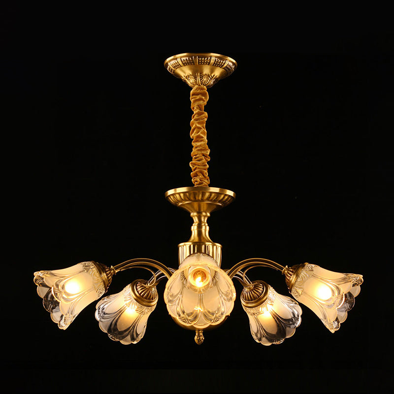 Frosted Glass Flower Chandelier Colonial Style Living Room Suspension Light in Gold 5 Gold Clearhalo 'Ceiling Lights' 'Chandeliers' Lighting' options 2365153_008699d7-3a44-4fee-bb68-5364e28c98ca