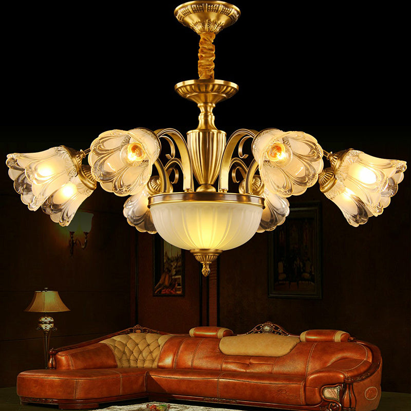 Frosted Glass Flower Chandelier Colonial Style Living Room Suspension Light in Gold Clearhalo 'Ceiling Lights' 'Chandeliers' Lighting' options 2365155