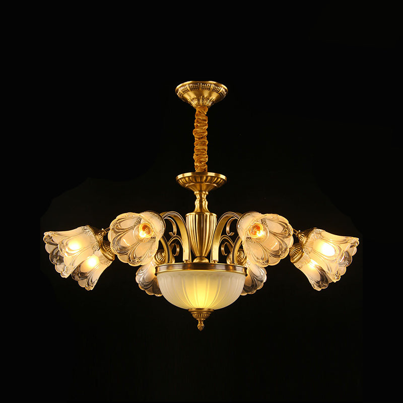 Frosted Glass Flower Chandelier Colonial Style Living Room Suspension Light in Gold 10 Gold Clearhalo 'Ceiling Lights' 'Chandeliers' Lighting' options 2365156_5befebe6-13a7-4dcb-9f0d-36763e25cab7