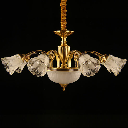 Frosted Glass Flower Chandelier Colonial Style Living Room Suspension Light in Gold Clearhalo 'Ceiling Lights' 'Chandeliers' Lighting' options 2365157
