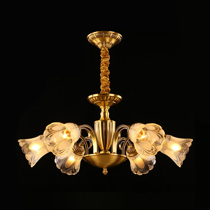 Frosted Glass Flower Chandelier Colonial Style Living Room Suspension Light in Gold 6 Gold Clearhalo 'Ceiling Lights' 'Chandeliers' Lighting' options 2365158_36d80806-582c-437e-8b20-6866286fcd74