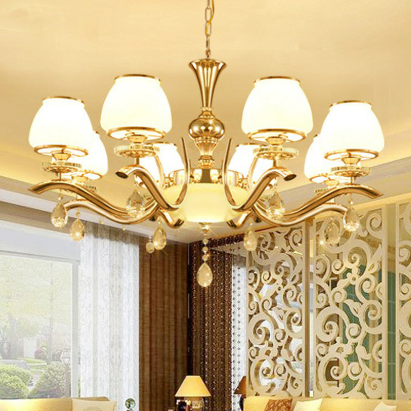 Gold Finish Chandelier Lamp Minimalist Tapered White Glass Hanging Light for Sitting Room Clearhalo 'Ceiling Lights' 'Chandeliers' Lighting' options 2365162