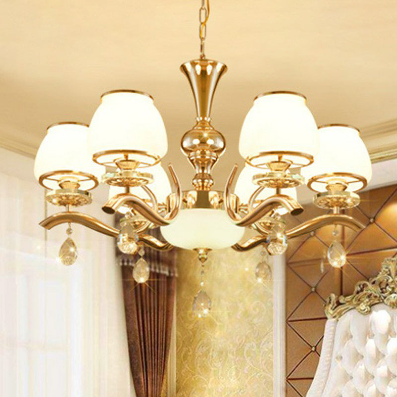 Gold Finish Chandelier Lamp Minimalist Tapered White Glass Hanging Light for Sitting Room 6 Gold Clearhalo 'Ceiling Lights' 'Chandeliers' Lighting' options 2365164_1eeb9155-12cf-44a3-be53-9195a6a6ad07