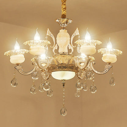 White Faux Candle Chandelier Light Traditional Frosted Glass Living Room Pendant with Crystal Deco 6 White Flower Clearhalo 'Ceiling Lights' 'Chandeliers' Lighting' options 2365198_5be3370f-08e2-493c-95cf-1c94d9e7bd75