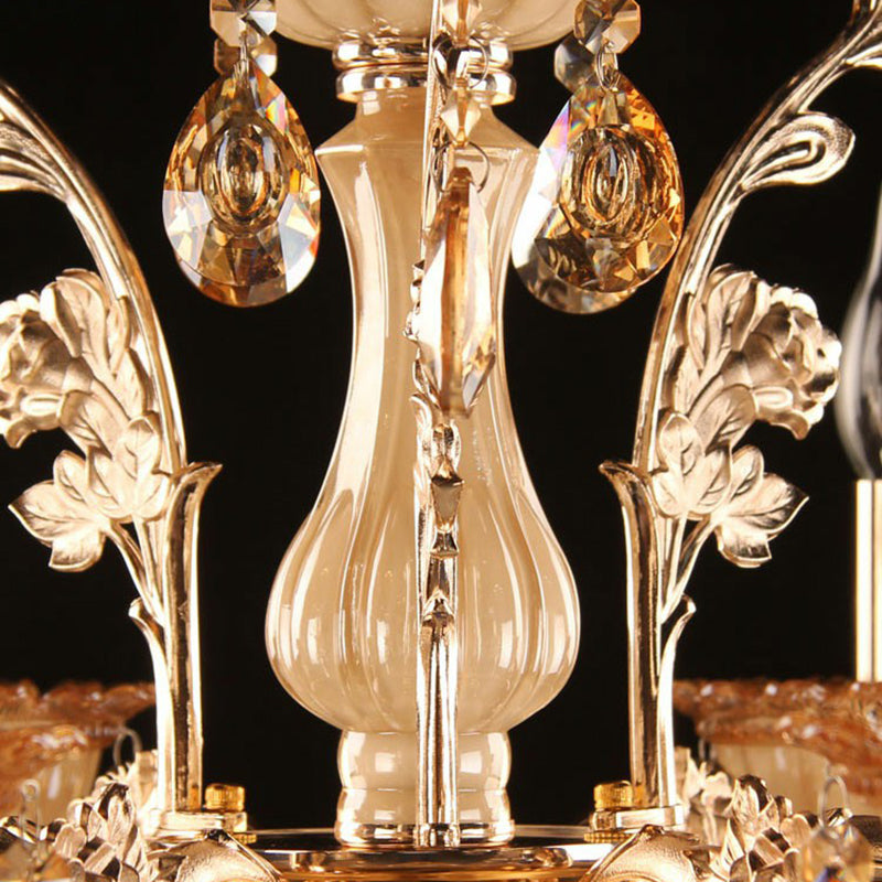 Amber Glass Candle Chandelier Lamp Traditional Living Room Suspension Light in Gold with Crystal Decor Clearhalo 'Ceiling Lights' 'Chandeliers' Lighting' 2365224