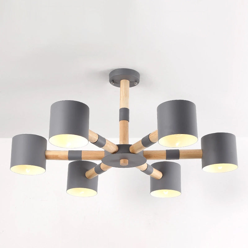 Cylinder Shade Hotel Hanging Light Metal & Wood 6 Heads Nordic Chandelier Grey Clearhalo 'Ceiling Lights' 'Chandeliers' Lighting' options 236665_6444f822-e986-40a1-84c7-9f4c5ae7c683