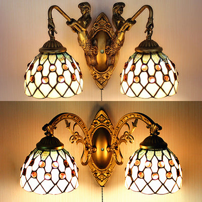 2 Heads Sconce Lighting Tiffany Curve Arm/Mermaid Beige Glass Wall Mount Light with Pull Chain Switch Clearhalo 'Industrial' 'Middle century wall lights' 'Tiffany wall lights' 'Tiffany' 'Wall Lamps & Sconces' 'Wall Lights' Lighting' 23671
