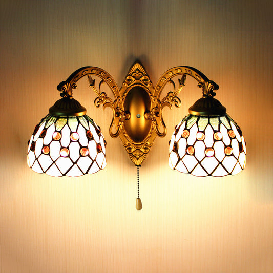 2 Heads Sconce Lighting Tiffany Curve Arm/Mermaid Beige Glass Wall Mount Light with Pull Chain Switch Beige Curved Clearhalo 'Industrial' 'Middle century wall lights' 'Tiffany wall lights' 'Tiffany' 'Wall Lamps & Sconces' 'Wall Lights' Lighting' 23672
