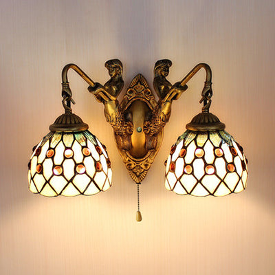 2 Heads Sconce Lighting Tiffany Curve Arm/Mermaid Beige Glass Wall Mount Light with Pull Chain Switch Beige Mermaid Clearhalo 'Industrial' 'Middle century wall lights' 'Tiffany wall lights' 'Tiffany' 'Wall Lamps & Sconces' 'Wall Lights' Lighting' 23673