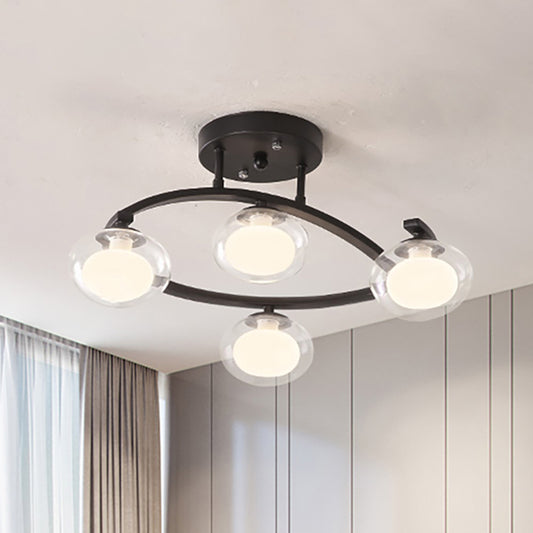 Twist Arm Semi Ceiling Mount Light with Oval Shade Contemporary Metal Ceiling Lamp for Cafe 4 Black Clearhalo 'Ceiling Lights' 'Close To Ceiling Lights' 'Close to ceiling' 'Glass shade' 'Glass' 'Semi-flushmount' Lighting' 236894
