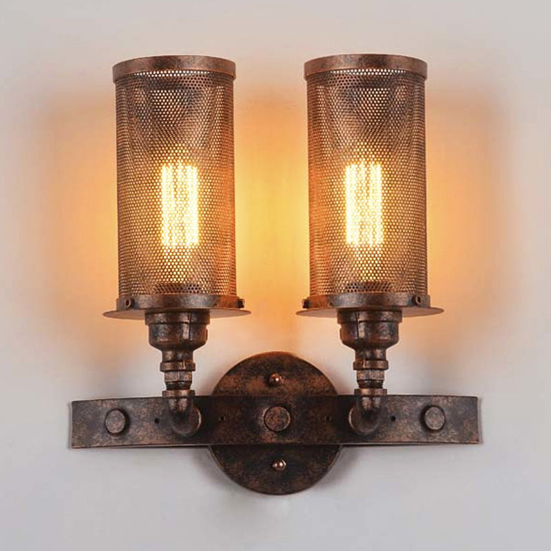 Antique Style Double Cylinder Wall Light with Mesh Shade 2 Lights Wrought Iron Wall Mount Lamp in Weathered Copper Clearhalo 'Art deco wall lights' 'Cast Iron' 'Glass' 'Industrial wall lights' 'Industrial' 'Middle century wall lights' 'Modern' 'Rustic wall lights' 'Tiffany' 'Traditional wall lights' 'Wall Lamps & Sconces' 'Wall Lights' Lighting' 237273