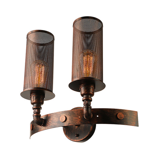 Antique Style Double Cylinder Wall Light with Mesh Shade 2 Lights Wrought Iron Wall Mount Lamp in Weathered Copper Clearhalo 'Art deco wall lights' 'Cast Iron' 'Glass' 'Industrial wall lights' 'Industrial' 'Middle century wall lights' 'Modern' 'Rustic wall lights' 'Tiffany' 'Traditional wall lights' 'Wall Lamps & Sconces' 'Wall Lights' Lighting' 237274