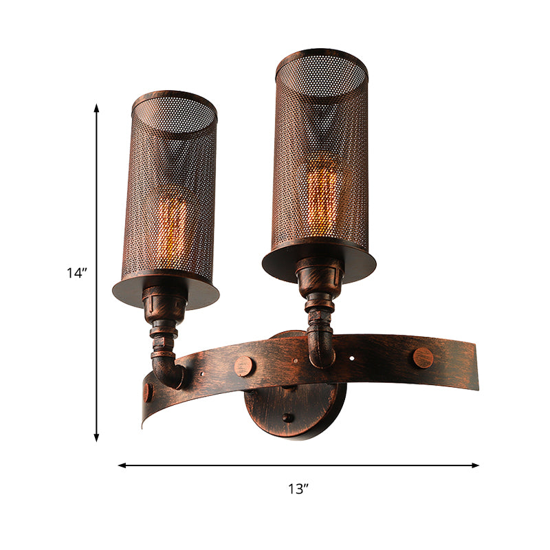 Antique Style Double Cylinder Wall Light with Mesh Shade 2 Lights Wrought Iron Wall Mount Lamp in Weathered Copper Clearhalo 'Art deco wall lights' 'Cast Iron' 'Glass' 'Industrial wall lights' 'Industrial' 'Middle century wall lights' 'Modern' 'Rustic wall lights' 'Tiffany' 'Traditional wall lights' 'Wall Lamps & Sconces' 'Wall Lights' Lighting' 237275