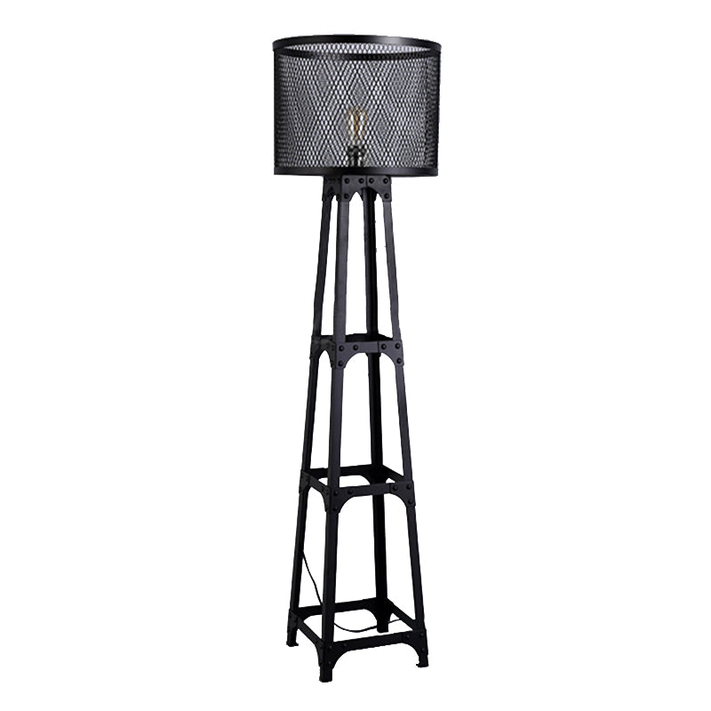 1 Head Mesh Screen Standing Light with Drum Shade Retro Industrial Black Finish Metal Standing Floor Light Clearhalo 'Floor Lamps' 'Lamps' Lighting' 237288