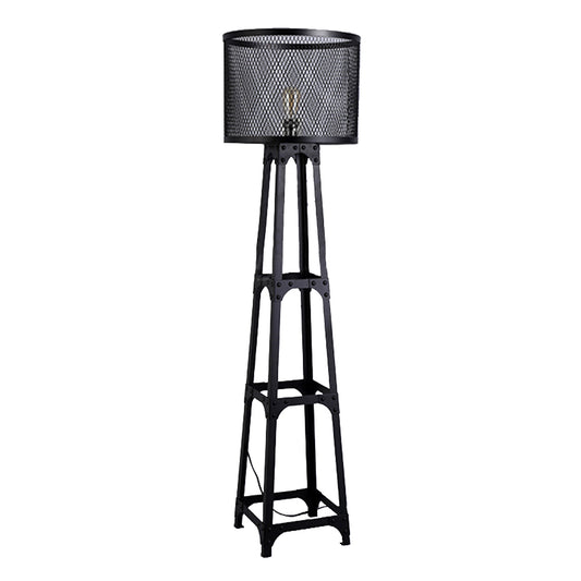 1 Head Mesh Screen Standing Light with Drum Shade Retro Industrial Black Finish Metal Standing Floor Light Clearhalo 'Floor Lamps' 'Lamps' Lighting' 237288
