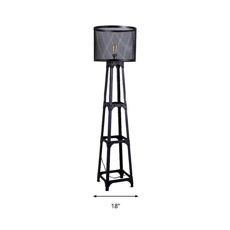 1 Head Mesh Screen Standing Light with Drum Shade Retro Industrial Black Finish Metal Standing Floor Light Clearhalo 'Floor Lamps' 'Lamps' Lighting' 237289