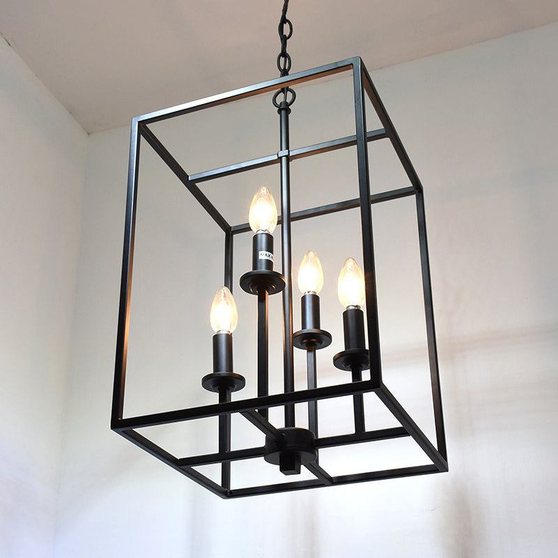 Cage Rectangle Dining Room Chandelier Light Industrial Metallic 4 Heads Black Hanging Light Fixture Black Clearhalo 'Cast Iron' 'Ceiling Lights' 'Chandeliers' 'Industrial Chandeliers' 'Industrial' 'Metal' 'Middle Century Chandeliers' 'Rustic Chandeliers' 'Tiffany' Lighting' 237294