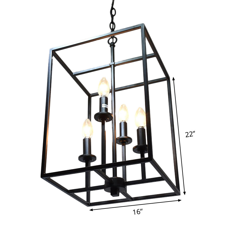 Cage Rectangle Dining Room Chandelier Light Industrial Metallic 4 Heads Black Hanging Light Fixture Clearhalo 'Cast Iron' 'Ceiling Lights' 'Chandeliers' 'Industrial Chandeliers' 'Industrial' 'Metal' 'Middle Century Chandeliers' 'Rustic Chandeliers' 'Tiffany' Lighting' 237303