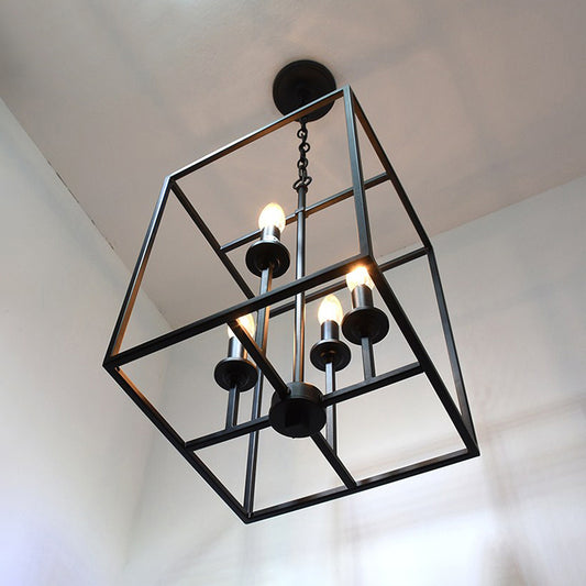 Cage Rectangle Dining Room Chandelier Light Industrial Metallic 4 Heads Black Hanging Light Fixture Clearhalo 'Cast Iron' 'Ceiling Lights' 'Chandeliers' 'Industrial Chandeliers' 'Industrial' 'Metal' 'Middle Century Chandeliers' 'Rustic Chandeliers' 'Tiffany' Lighting' 237304