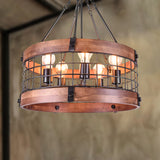 Drum Metal and Wood Hanging Fixture with Mesh Screen Lodge Style Multi Light Farmhouse Suspension Lamp in Brown Brown Clearhalo 'Cast Iron' 'Ceiling Lights' 'Chandeliers' 'Industrial Chandeliers' 'Industrial' 'Metal' 'Middle Century Chandeliers' 'Rustic Chandeliers' 'Tiffany' Lighting' 237312