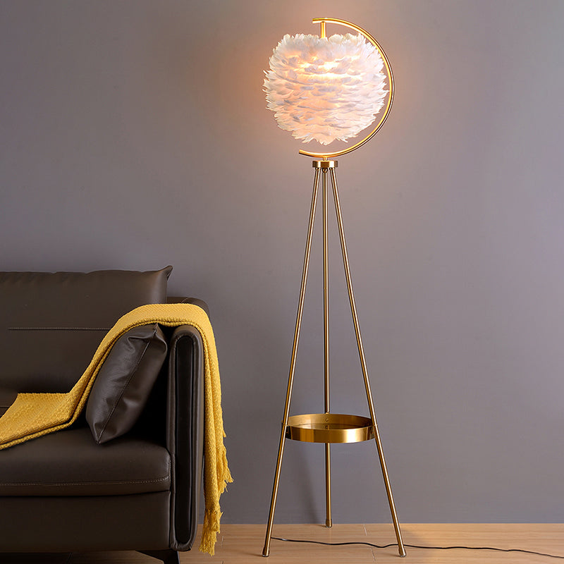 Postmodern Spherical Floor Light Feather 1 Head Living Room Standing Lamp with Tripod Tray Clearhalo 'Floor Lamps' 'Lamps' Lighting' 2373141