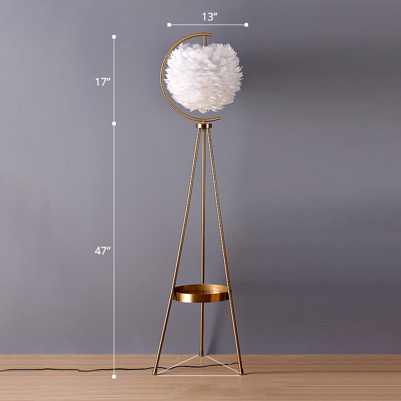 Postmodern Spherical Floor Light Feather 1 Head Living Room Standing Lamp with Tripod Tray Gold White Clearhalo 'Floor Lamps' 'Lamps' Lighting' 2373142