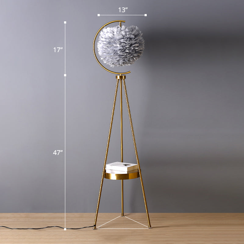 Postmodern Spherical Floor Light Feather 1 Head Living Room Standing Lamp with Tripod Tray Gold Gray Clearhalo 'Floor Lamps' 'Lamps' Lighting' 2373143
