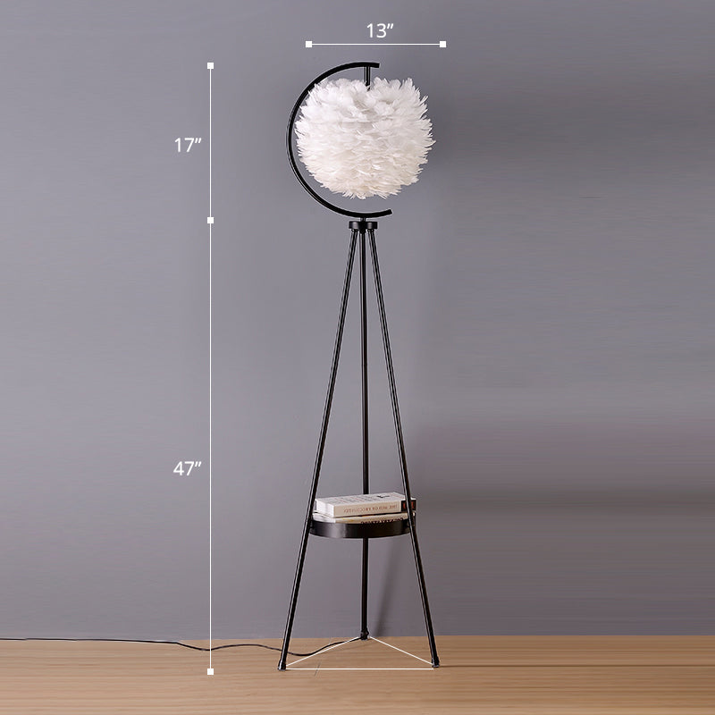 Postmodern Spherical Floor Light Feather 1 Head Living Room Standing Lamp with Tripod Tray Black White Clearhalo 'Floor Lamps' 'Lamps' Lighting' 2373147