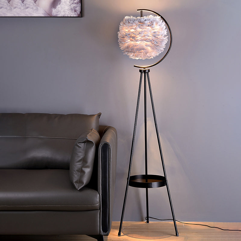 Postmodern Spherical Floor Light Feather 1 Head Living Room Standing Lamp with Tripod Tray Clearhalo 'Floor Lamps' 'Lamps' Lighting' 2373148