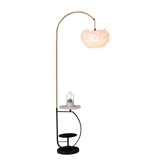 Metal Fishing Rod Standing Light Nordic 1-Light Floor Lamp with 2-Tier Tray and Suspended Feather Shade Clearhalo 'Floor Lamps' 'Lamps' Lighting' 2373160
