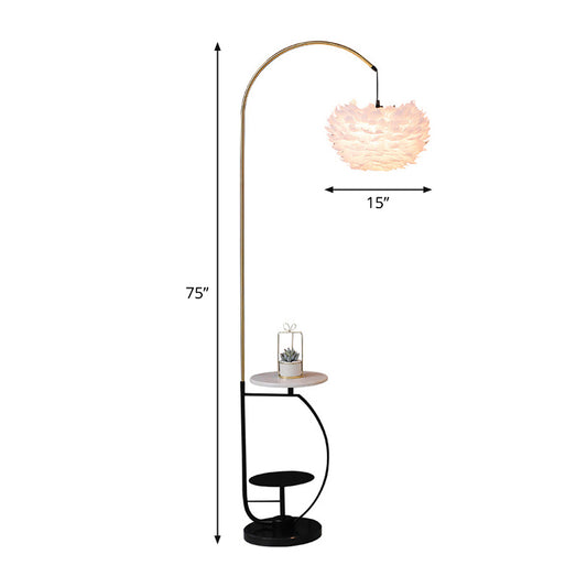 Metal Fishing Rod Standing Light Nordic 1-Light Floor Lamp with 2-Tier Tray and Suspended Feather Shade Clearhalo 'Floor Lamps' 'Lamps' Lighting' 2373161