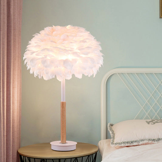 Dome Shaded Bedside Table Lighting Feather 1 Head Minimalistic Night Stand Light Wood Clearhalo 'Lamps' 'Table Lamps' Lighting' 2373171