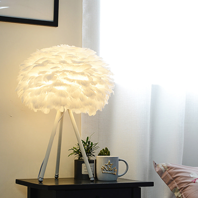 Nordic Tripod Table Lamp Feather 1-Light Bedroom Night Light with Globe Feather Shade in White White Clearhalo 'Lamps' 'Table Lamps' Lighting' 2373181