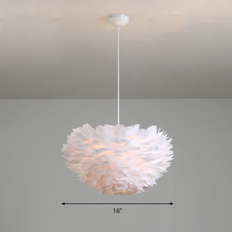 Feather Hemispherical Pendant Lamp Minimalism Feather White Suspension Light for Bedroom White 16" Clearhalo 'Ceiling Lights' 'Modern Pendants' 'Modern' 'Pendant Lights' 'Pendants' Lighting' 2373188