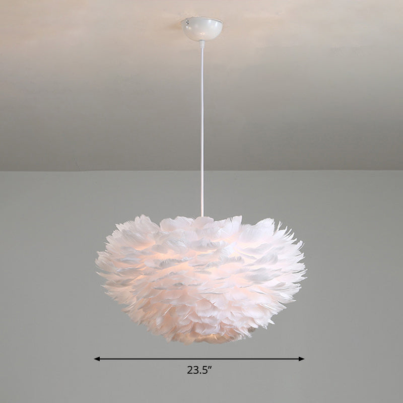 Feather Hemispherical Pendant Lamp Minimalism Feather White Suspension Light for Bedroom White 23.5" Clearhalo 'Ceiling Lights' 'Modern Pendants' 'Modern' 'Pendant Lights' 'Pendants' Lighting' 2373190