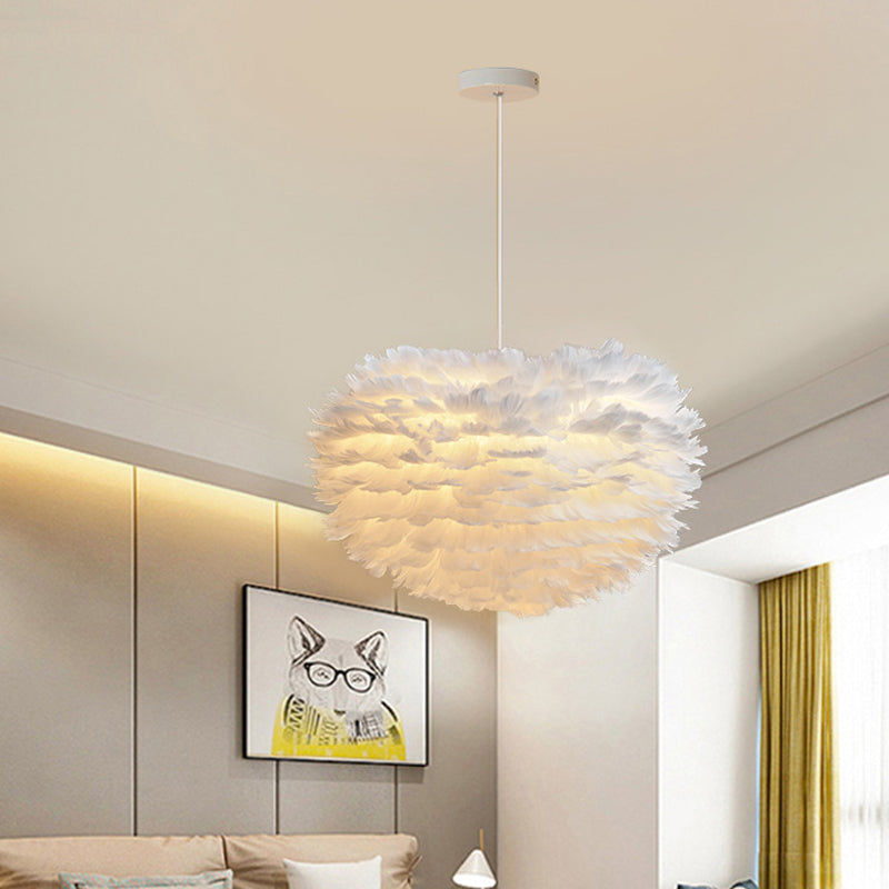 Feather Hemispherical Pendant Lamp Minimalism Feather White Suspension Light for Bedroom White 31.5" Clearhalo 'Ceiling Lights' 'Modern Pendants' 'Modern' 'Pendant Lights' 'Pendants' Lighting' 2373191