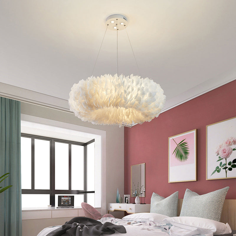 Bedroom Hanging Light Modern White Suspension Pendant Light with Round Feather Shade Clearhalo 'Ceiling Lights' 'Modern Pendants' 'Modern' 'Pendant Lights' 'Pendants' Lighting' 2373195