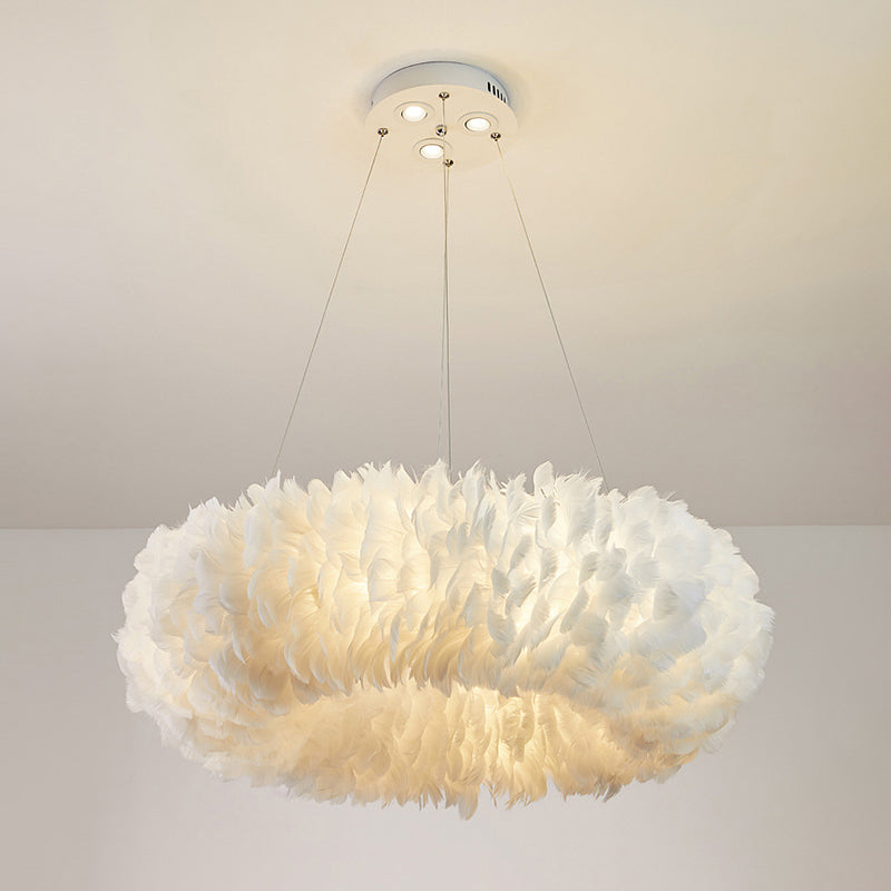 Bedroom Hanging Light Modern White Suspension Pendant Light with Round Feather Shade White Circle Clearhalo 'Ceiling Lights' 'Modern Pendants' 'Modern' 'Pendant Lights' 'Pendants' Lighting' 2373196