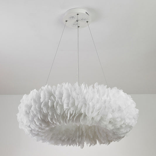 Bedroom Hanging Light Modern White Suspension Pendant Light with Round Feather Shade Clearhalo 'Ceiling Lights' 'Modern Pendants' 'Modern' 'Pendant Lights' 'Pendants' Lighting' 2373197