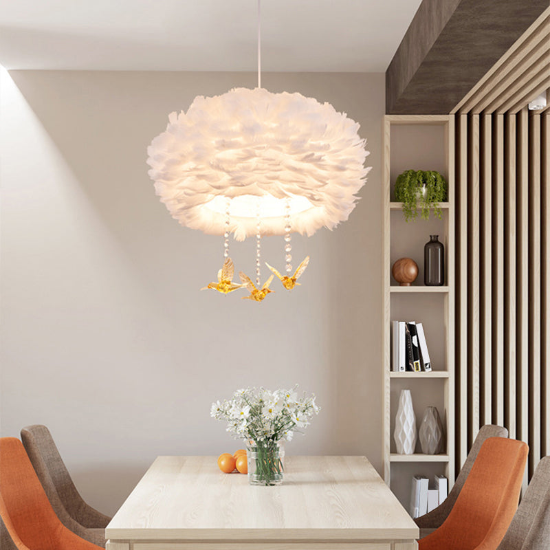 Bedroom Hanging Light Modern White Suspension Pendant Light with Round Feather Shade White Round Clearhalo 'Ceiling Lights' 'Modern Pendants' 'Modern' 'Pendant Lights' 'Pendants' Lighting' 2373199