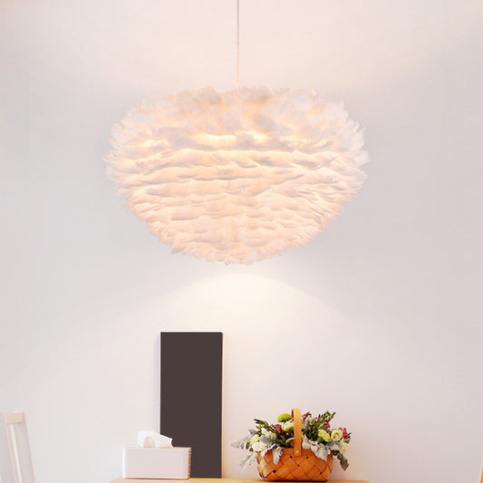 Bedroom Hanging Light Modern White Suspension Pendant Light with Round Feather Shade Clearhalo 'Ceiling Lights' 'Modern Pendants' 'Modern' 'Pendant Lights' 'Pendants' Lighting' 2373200