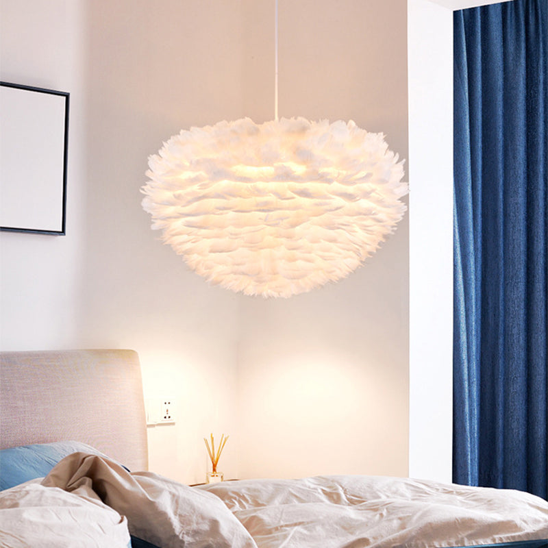 Bedroom Hanging Light Modern White Suspension Pendant Light with Round Feather Shade White Dome Clearhalo 'Ceiling Lights' 'Modern Pendants' 'Modern' 'Pendant Lights' 'Pendants' Lighting' 2373201