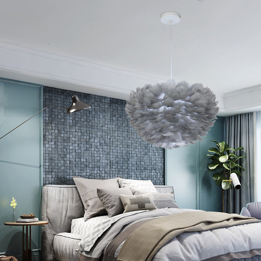 Half-Sphere Feather Suspension Lamp Nordic Style Chandelier Pendant Light for Bedroom Grey Clearhalo 'Ceiling Lights' 'Chandeliers' 'Modern Chandeliers' 'Modern' Lighting' 2373202