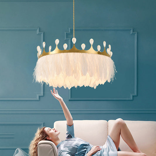 Gold Crown Chandelier Lighting Artistic 1-Head Feather Suspension Light with K9 Crystal Deco Gold Clearhalo 'Ceiling Lights' 'Modern Pendants' 'Modern' 'Pendant Lights' 'Pendants' Lighting' 2373211